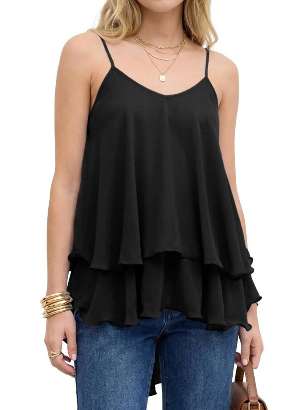Chic Women's Chiffon Cami Top - Adjustable Spaghetti Straps, Flowy Ruffle Hem
